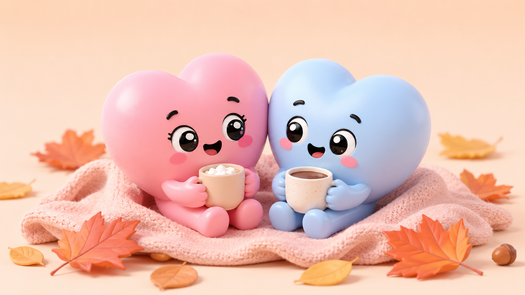 Two cute heart characters sharing warm drinks on a cozy autumn blanket