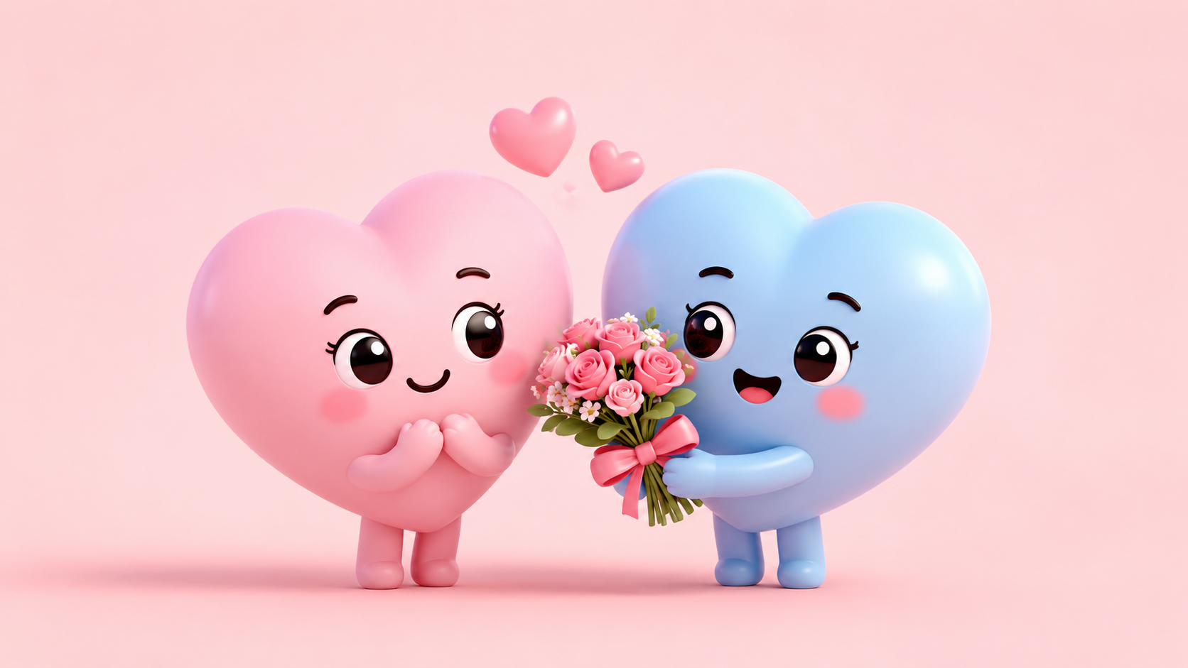 A blue heart character giving pink roses to a pink heart character