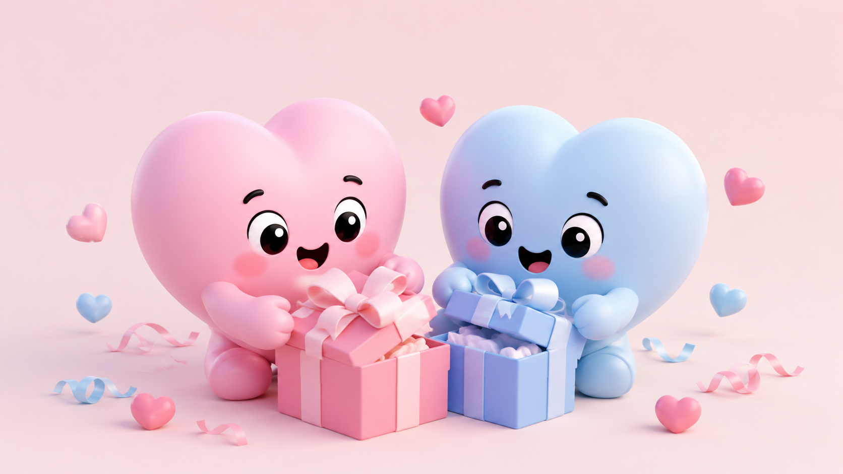Two heart characters happily opening gift boxes together