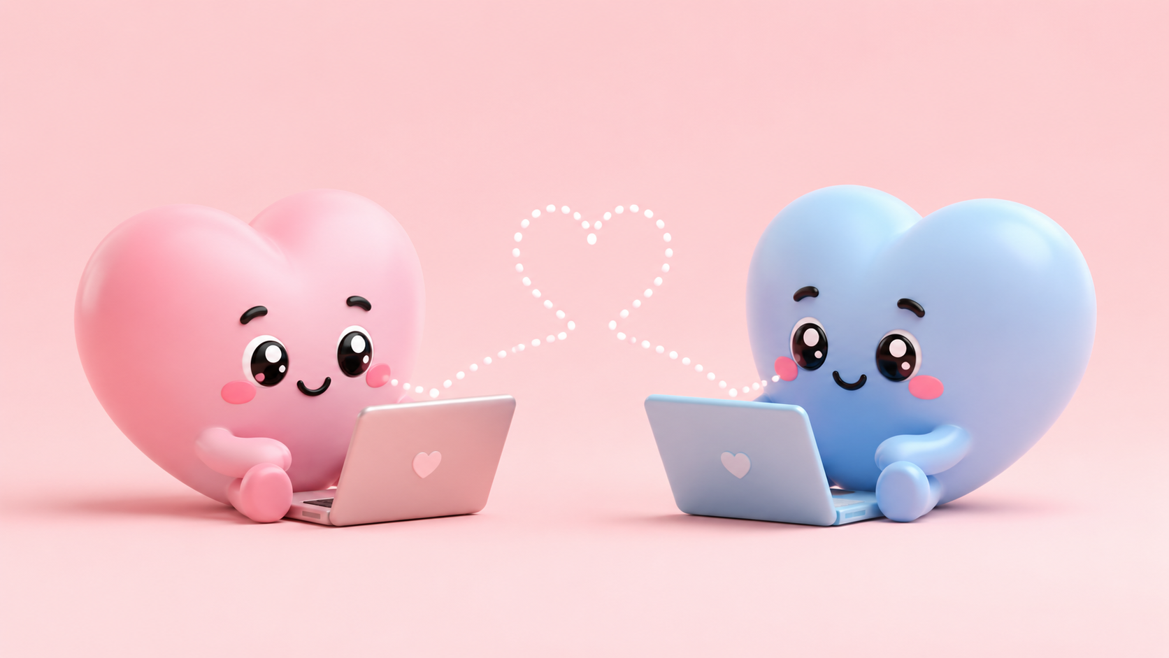 Two heart characters on a video call with laptops, connected by a glowing heart